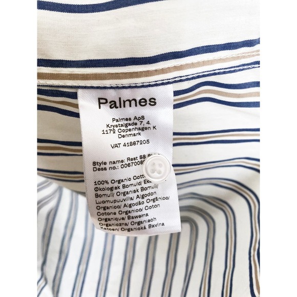 Palmes Men's Short Sleeve Striped Button Down Camp Shirt Blue White Tan Pocket - Picture 6 of 7